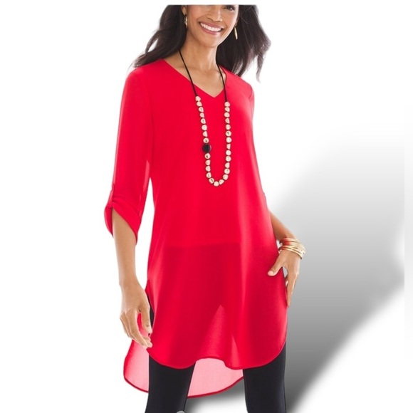 Chico's Tops - CHICOS High Low Woven Top Women’s Size Small, Red NWOT Button Roll Sleeves